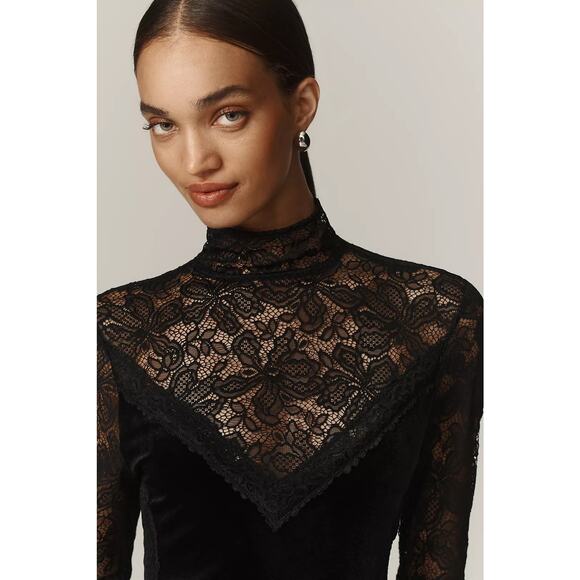 NWT Anthropologie Long-Sleeve Mock-Neck Lace Velvet Slip Midi Dress $170 SMALL - Picture 2 of 8